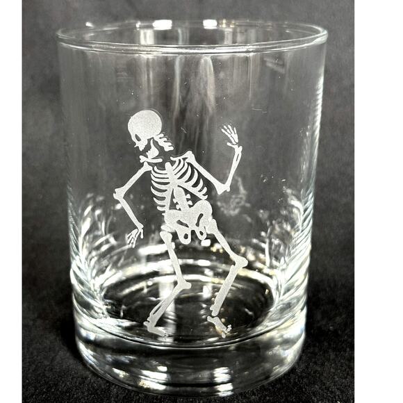Skeleton Eched Double Old-Fashioned Glass Halloween Excellent Condition - Picture 1 of 6